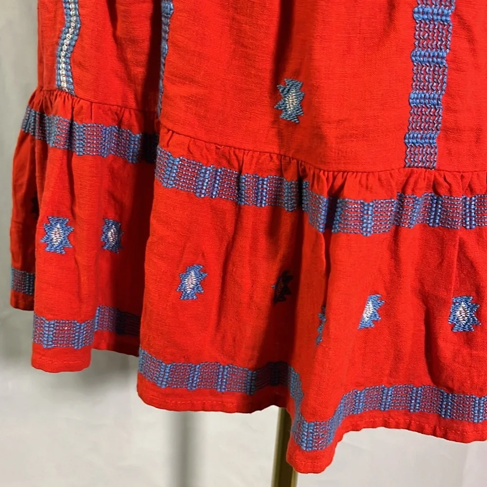 LOFT Red & Blue Embroidered Southwestern Print Ruffle Hem Linen Mini Skirt